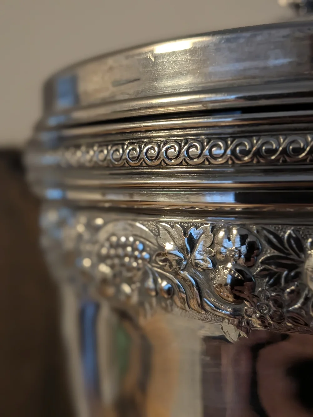 Vintage Silver Plate Insulated Ice Bucket | Ornate Fruit & Vine Relief with Lid